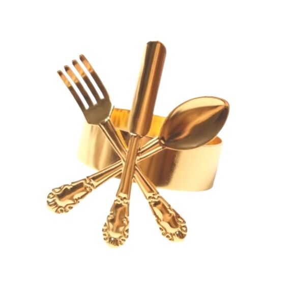 Gold Napkin Rings Fork Spoon Knife Lot of 8 - Picture 3 of 16